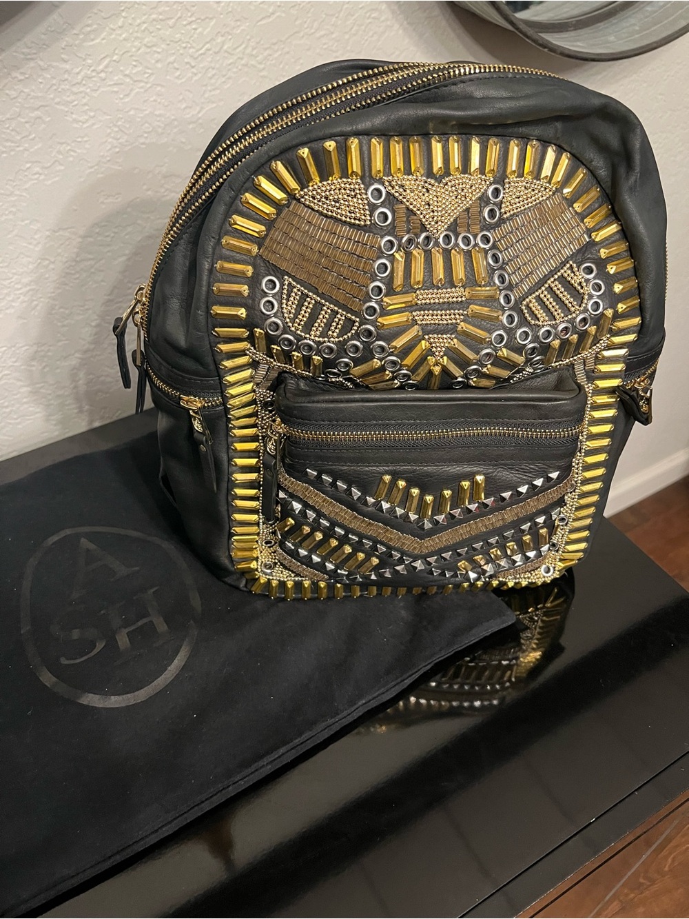 Ash Black Studded Mini Backpack with Gold Hardware